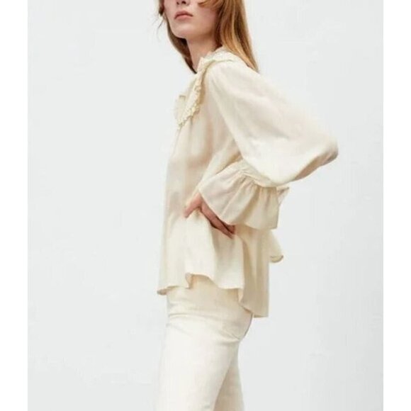 Zara Top Womens L Faux Pearl Trim Ruffle V Neck Ivory Prairie Cottagecore Boho - Picture 3 of 9